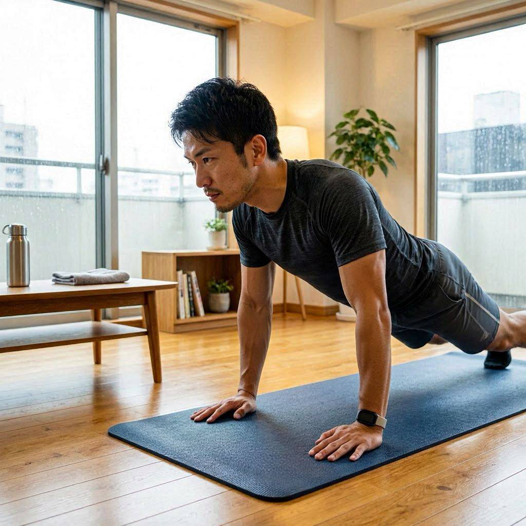 雨の日に室内でプッシュアップトレーニングをする男性