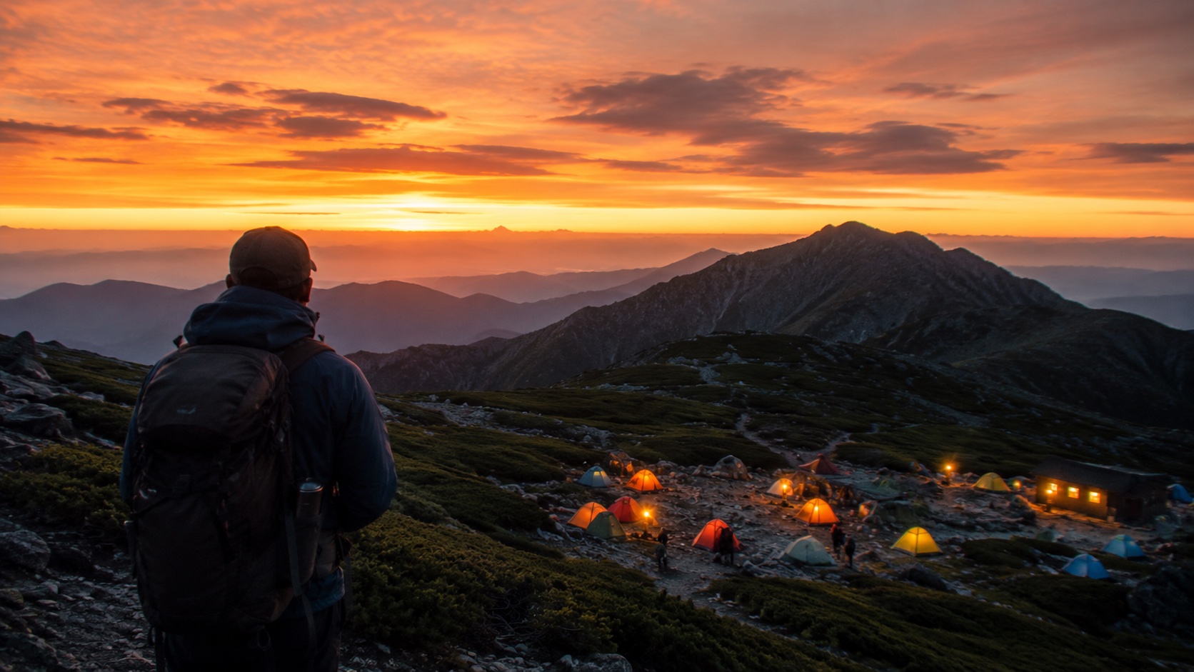 夕暮れのテント場を少し離れた場所から眺める登山者の後ろ姿